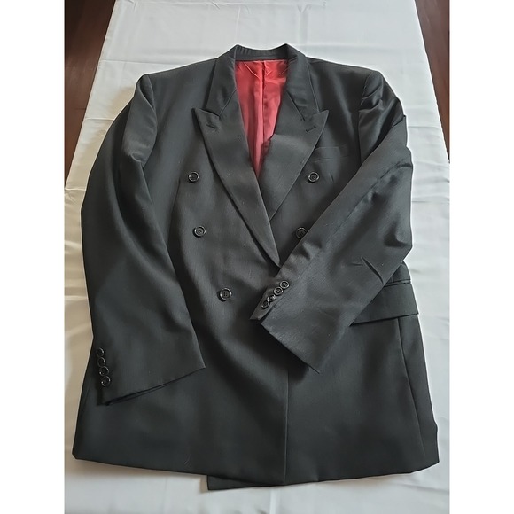 Hunting Horn Double Breasted Peak Wool Sport Coat Blazer Suit Jacket Black 42R